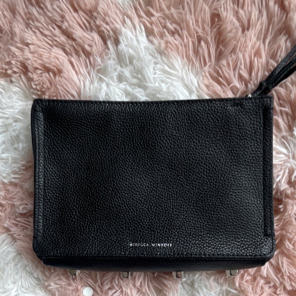Rebecca Minkoff Black Clutch Wristlet Zip Closure Wrist Strap Outer Pockets